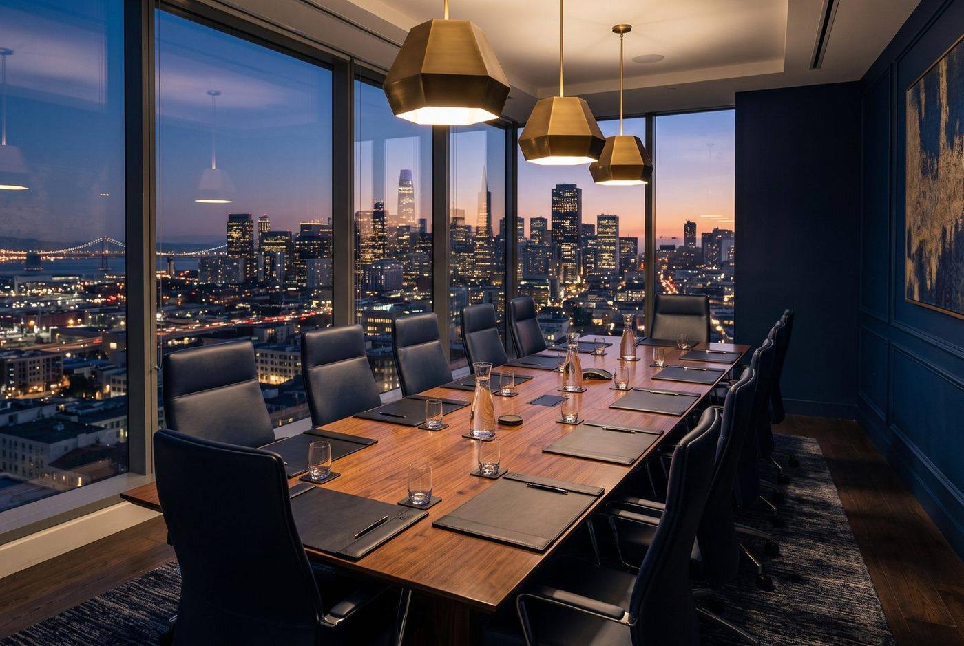 Law firm conference room overlooking the city at dusk